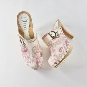 Vintage Dior 2005 Pink Cherry Blossom Trotter Studded Slip On Mules Clogs 38.5